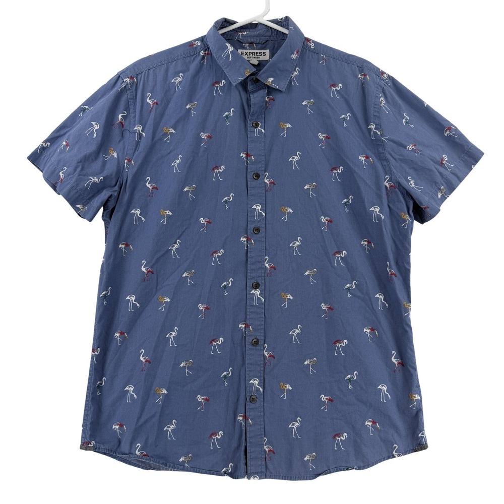 Express Shirt Mens Large Blue Flamingo Print Cotton‎ Short Sleeve Button-Up